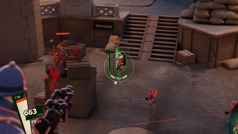 Deadlock gameplay screenshot showing a Hero ESP outline and an item build recommendation overlay guiding a shop purchase