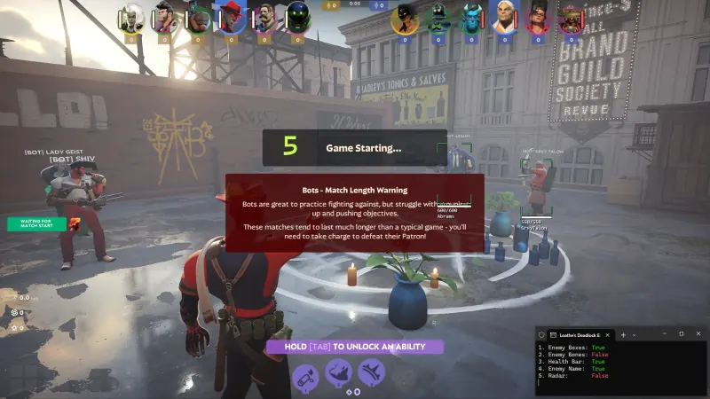 Deadlock gameplay screenshot showing a jungle camp timer counting down a nearby camp respawn